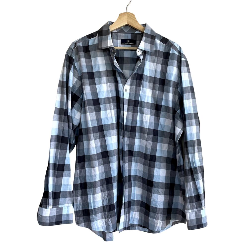 Hart Schaffner Marx cotton‎ men's size XL long sleeved checkered blue gray shirt